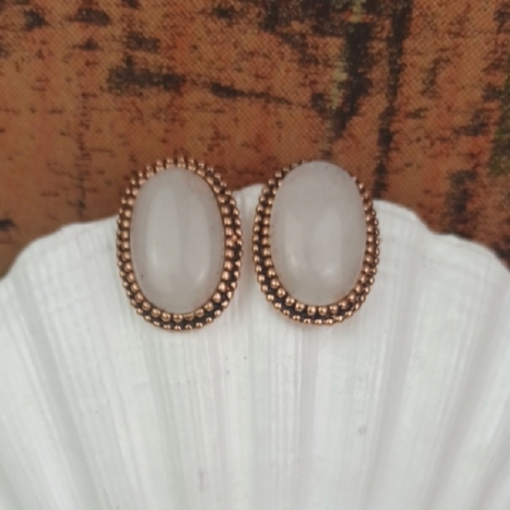 Rose Quartz Like Opalescent Stone & Copper Tone Bezel Trim Stud Earrings